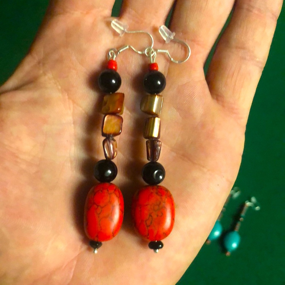 Coral, silver, stone, abalone earrings